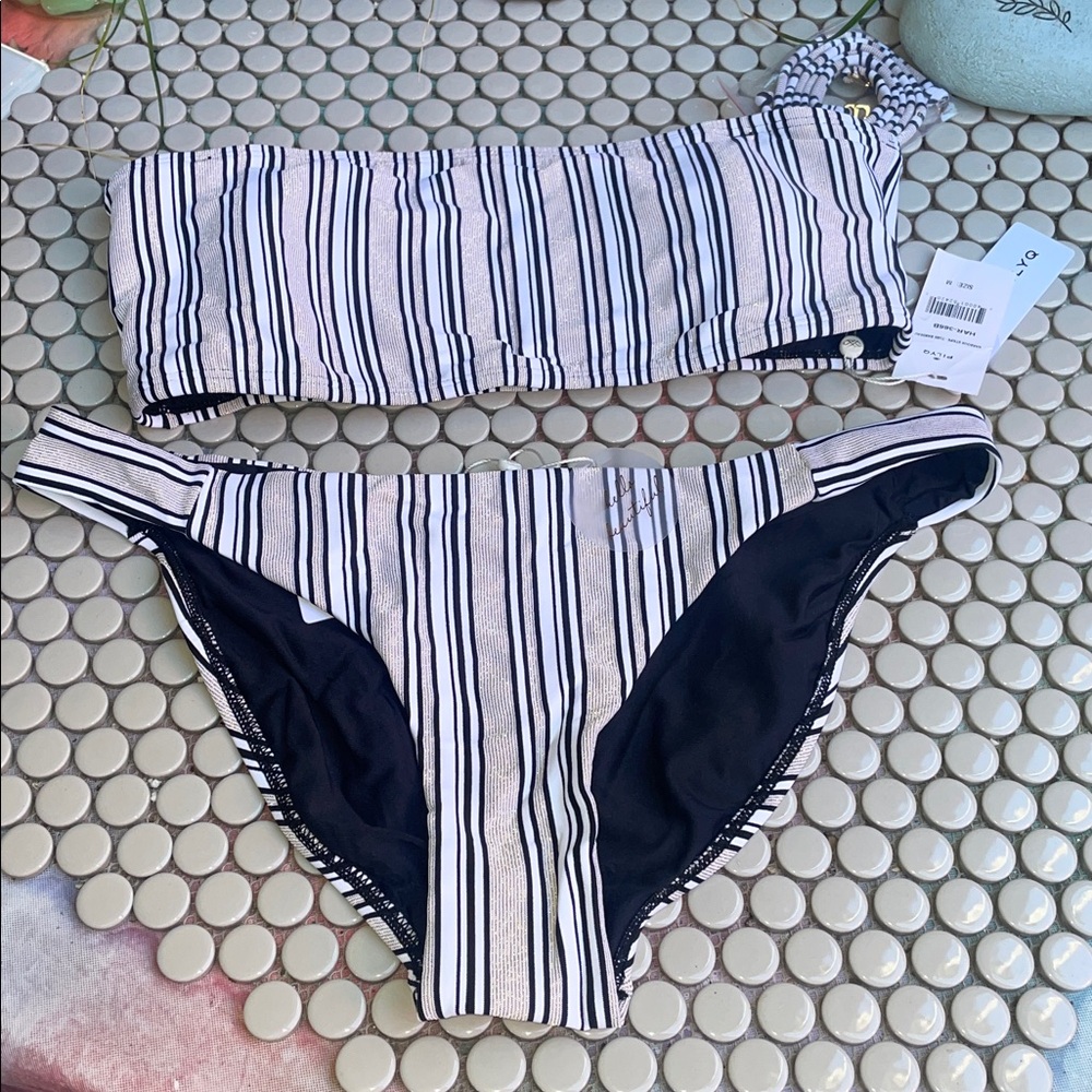 PILYQ NWT Harbour Stripe Bikini Set Top/M Bottom/L Navy White& Shimmering Gold